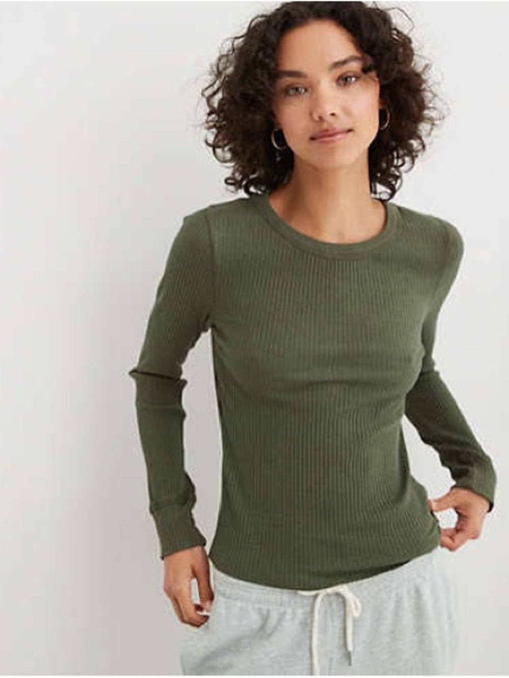 AERIE Long-Sleeve Ribbed Crewneck Top Olive Green Fireside Henley Tee Shirt M
